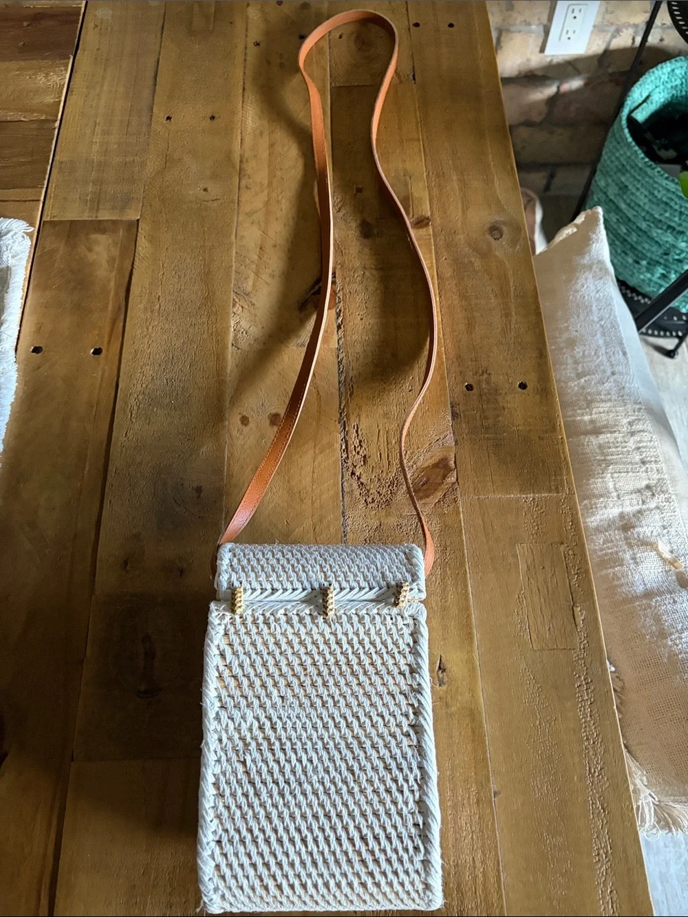 Blank Brand White Woven Crossbody Bag with Tan Strap